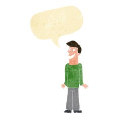 cartoon man shrugging shoulders with speech bubble N6
