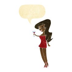 cartoon woman at party with speech bubble