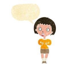 cartoon woman making Who Me? gesture with speech bubble N5