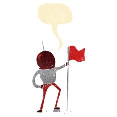 cartoon astronaut planting flag with speech bubble