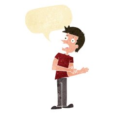 cartoon man making excuses with speech bubble N2