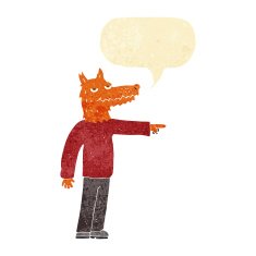 cartoon fox man pointing with speech bubble