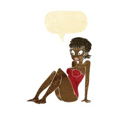 cartoon woman in swimsuit with speech bubble