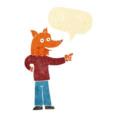 cartoon fox man pointing with speech bubble N2