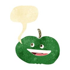 cartoon happy apple with speech bubble