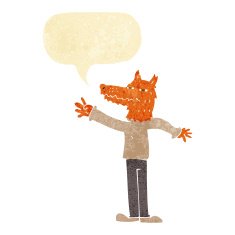 cartoon waving fox with speech bubble N2