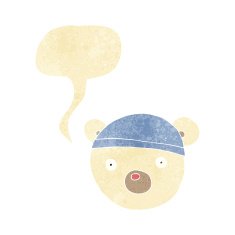 cartoon polar bear cub wearing hat with speech bubble