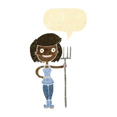 cartoon happy farmer girl with speech bubble