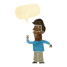 cartoon man giving peace sign with speech bubble N5