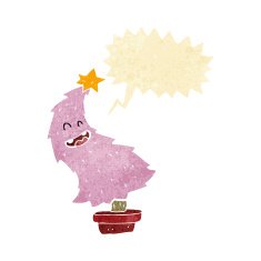 cartoon dancing christmas tree with speech bubble