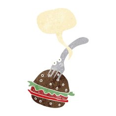 cartoon fork and burger with speech bubble