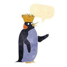 cartoon emperor penguin waving with speech bubble