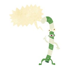 cartoon dancing christmas candy cane with speech bubble