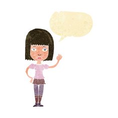 cartoon woman waving with speech bubble N22