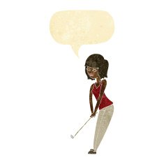 cartoon woman playing golf with speech bubble N3