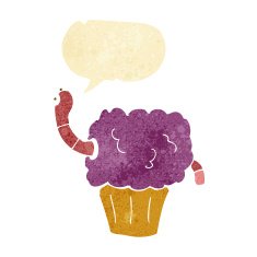 cartoon worm in cupcake with speech bubble