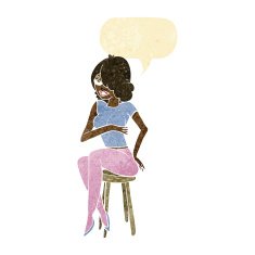 cartoon woman sitting on bar stool with speech bubble N3