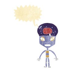 cartoon weird robot with speech bubble