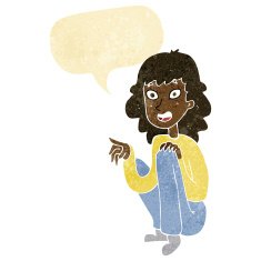 cartoon happy woman sitting and pointing with speech bubble
