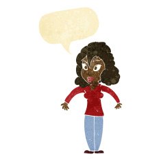 cartoon woman shrugging shoulders with speech bubble N37