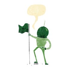 cartoon astronaut planting flag with speech bubble N2
