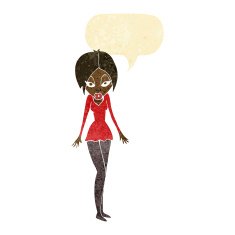 cartoon woman in short dress with speech bubble