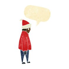 cartoon person in winter clothes with speech bubble