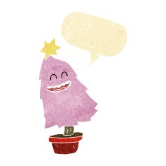 cartoon dancing christmas tree with speech bubble N2