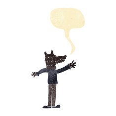 cartoon waving wolf with speech bubble