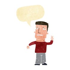 cartoon man giving peace sign with speech bubble N7