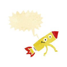cartoon happy rocket with speech bubble