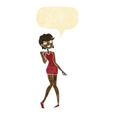 cartoon woman in cocktail dress with speech bubble N2