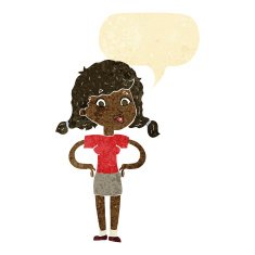 cartoon pretty girl with hands on hips speech bubble