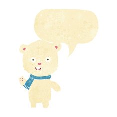cartoon waving polar bear cub with scarf speech bubble