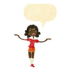 cartoon woman taking praise with speech bubble
