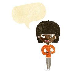 cartoon woman gesturing at herself with speech bubble
