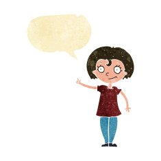cartoon happy woman pointing with speech bubble N7