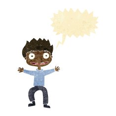 cartoon grinning boy with speech bubble