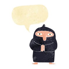 cartoon monk in robe with speech bubble N2
