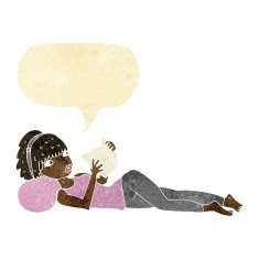 cartoon pretty woman reading book with speech bubble