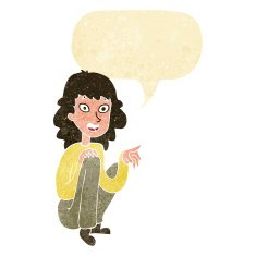 cartoon happy woman sitting and pointing with speech bubble N2