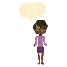 cartoon happy woman shrugging shoulders with speech bubble