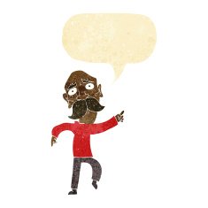 cartoon sad old man pointing with speech bubble