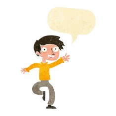 cartoon excited boy dancing with speech bubble N2