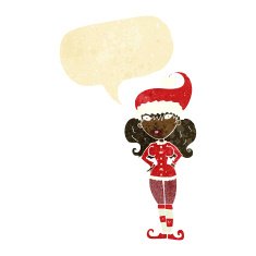 cartoon santa's helper woman with speech bubble
