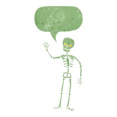 cartoon waving skeleton with speech bubble N2