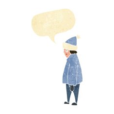 cartoon person in winter clothes with speech bubble N2