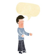 cartoon man shrugging shoulders with speech bubble N8