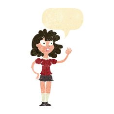 cartoon worried woman waving with speech bubble N3