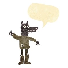 cartoon wolf man with speech bubble N6